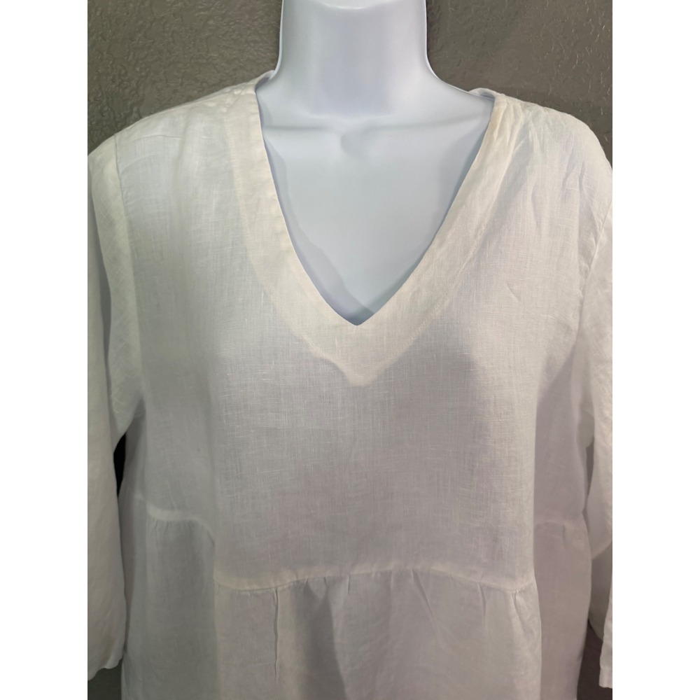 Match Point USA White 100% Linen Dress L Tiered V-Neck Loose Fit Breezy Crisp - Picture 2 of 8